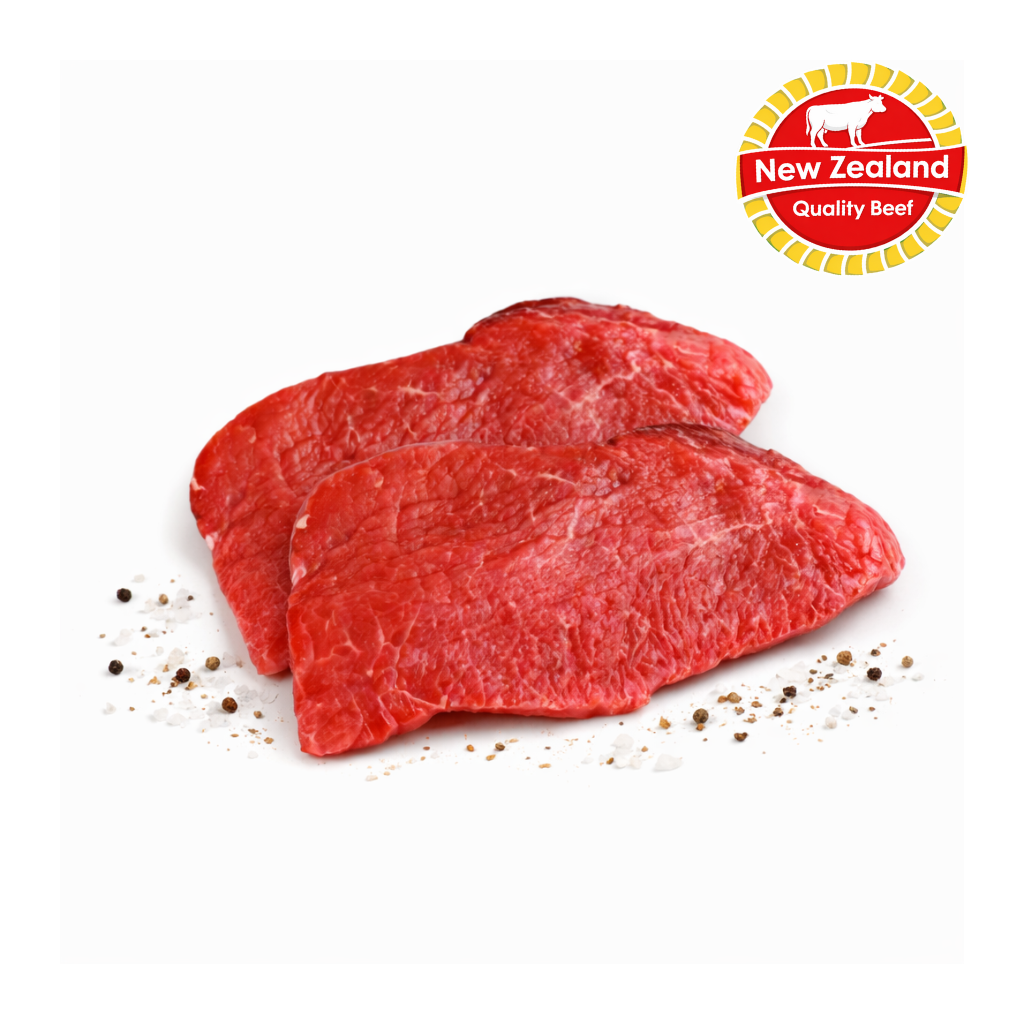 Two pieces of raw beef with New Zealand Quality Beef logo on a white background