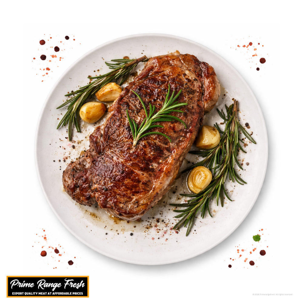 Grilled Porterhouse steak on a white plate with rosemary and garlic, featuring Prime Range Fresh branding.