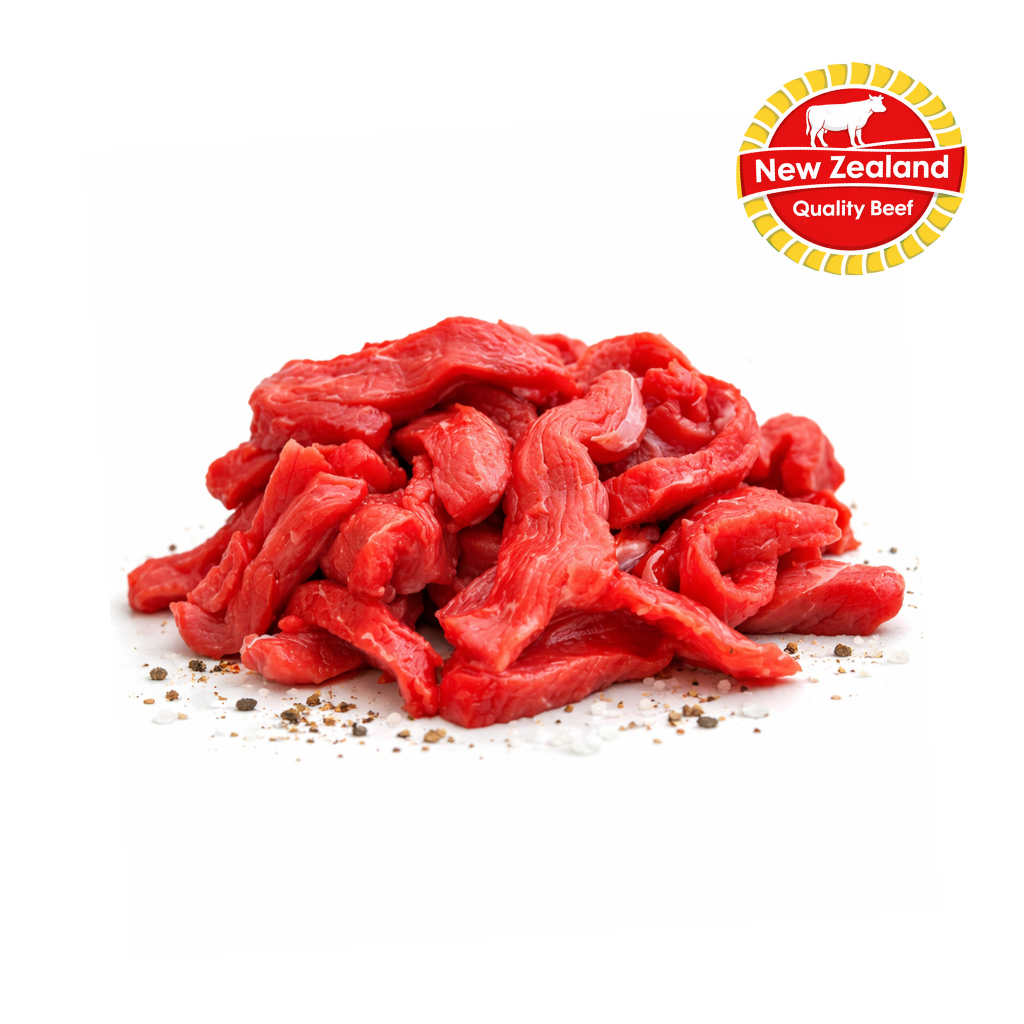 Raw beef strips with New Zealand Quality Beef logo on a white background