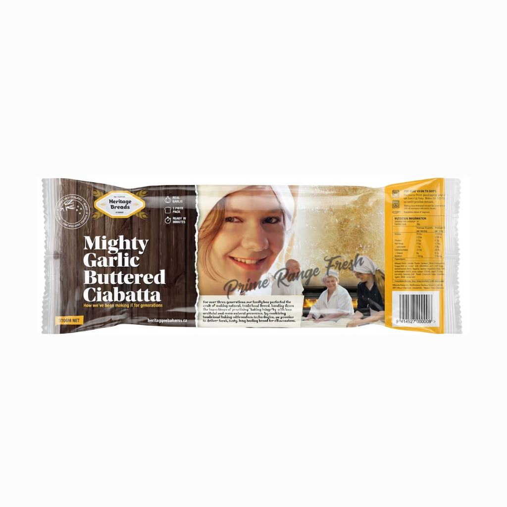 Mighty Garlic Buttered Ciabatta packaging with a woman's face on a white background