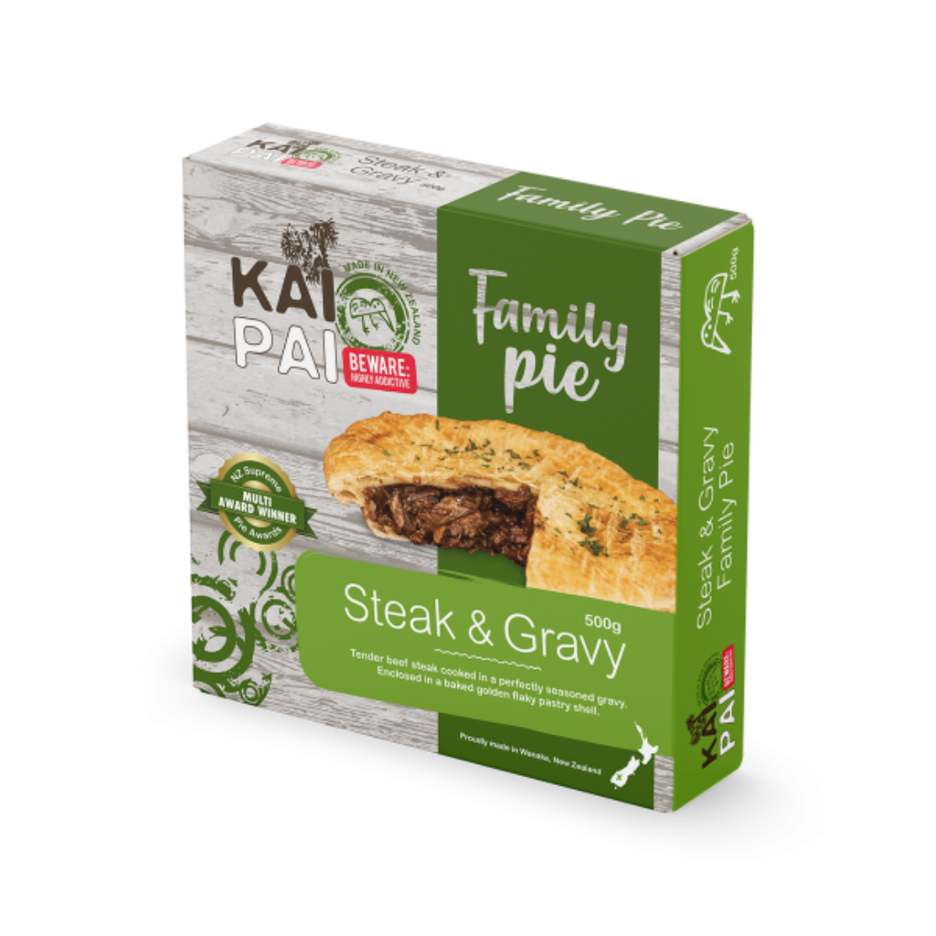 Kai Pai Family Pie packaging with a slice of pie on a white background