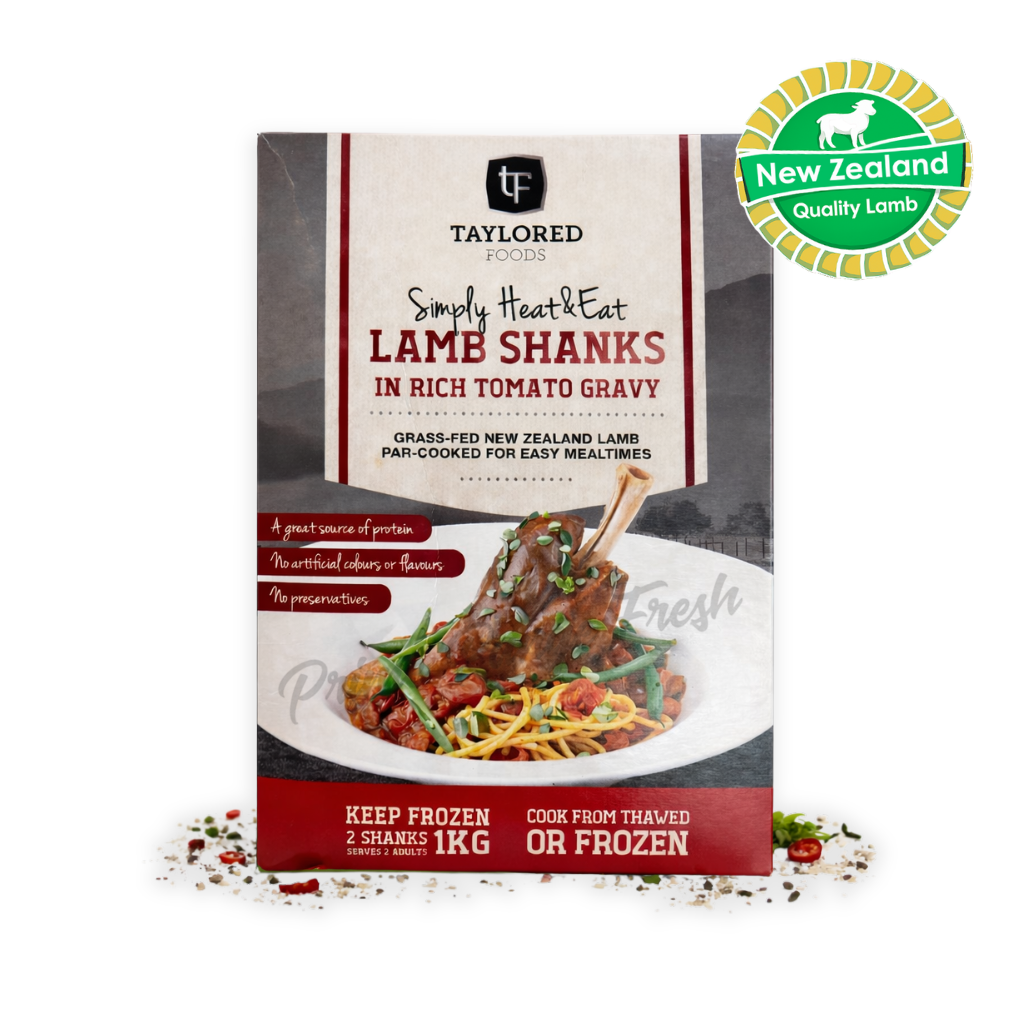 Packaged lamb shanks in tomato gravy with Taylored branding and New Zealand quality label.