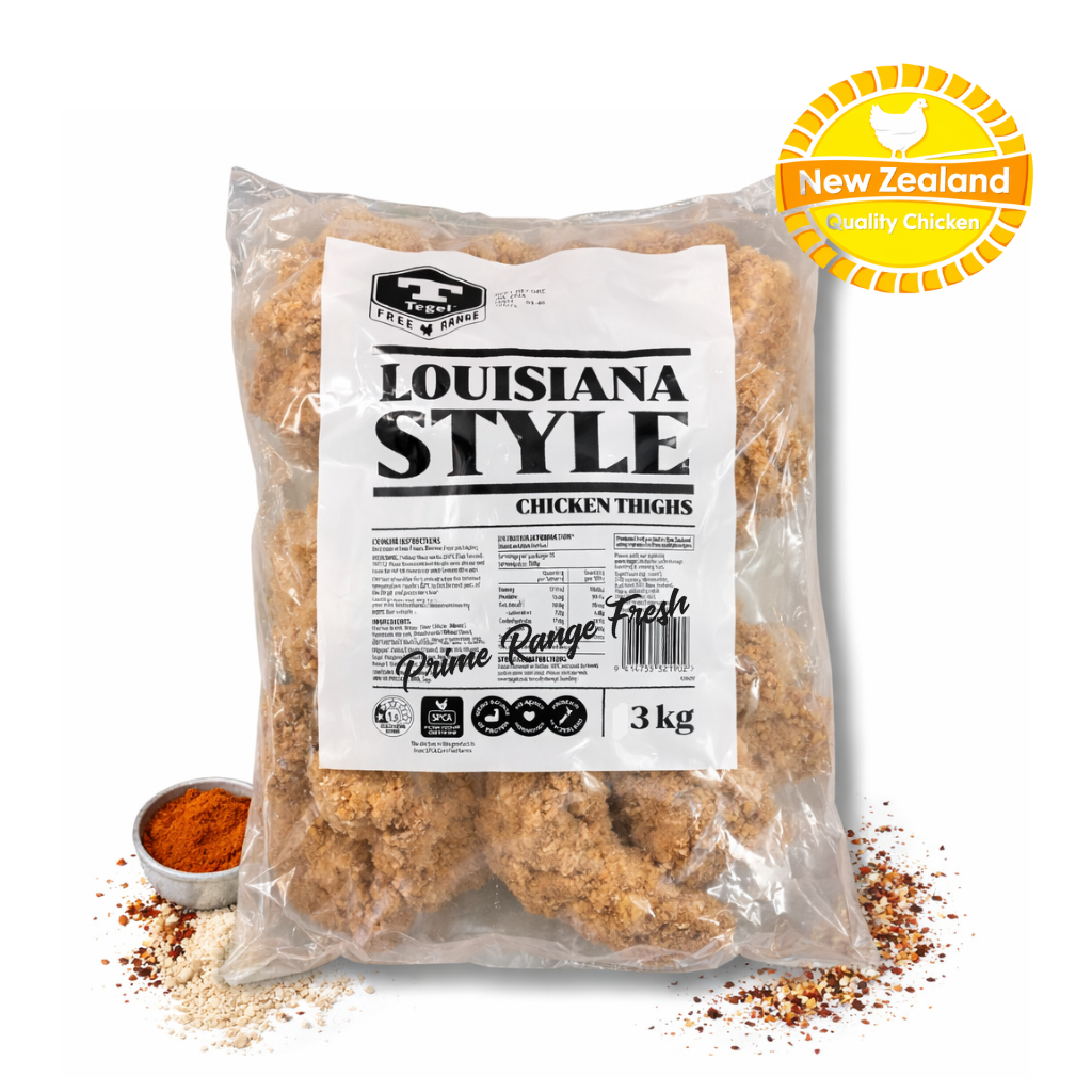 Packaged Louisiana Style chicken thighs with a label on a white background