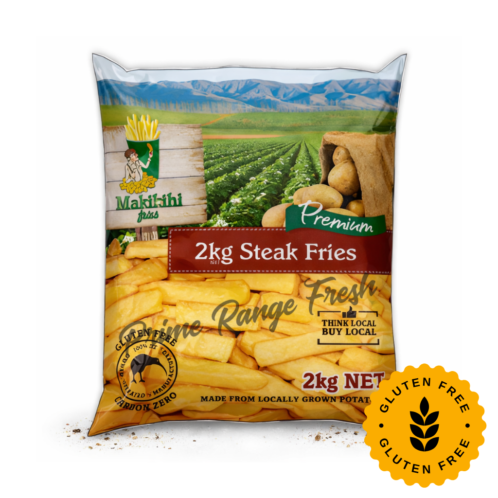 Bag of Makifiti Premium 2kg Steak Fries with a scenic background