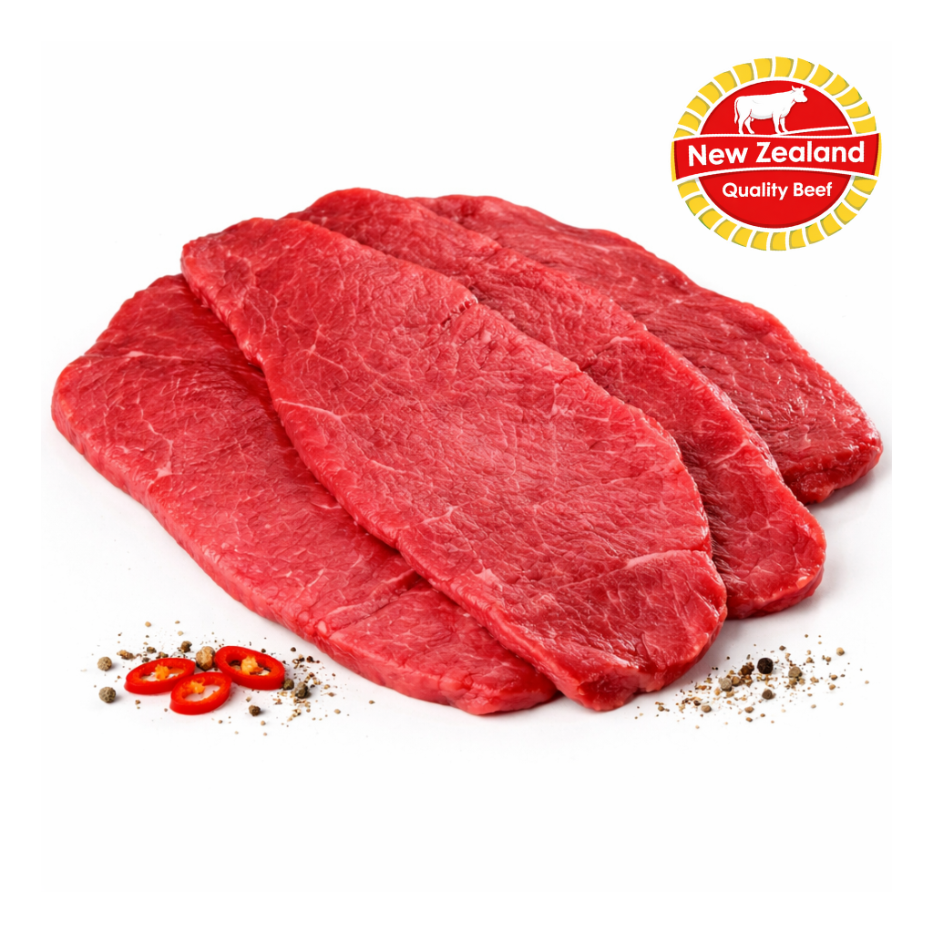 Three slices of raw beef with New Zealand Quality Beef logo on a white background