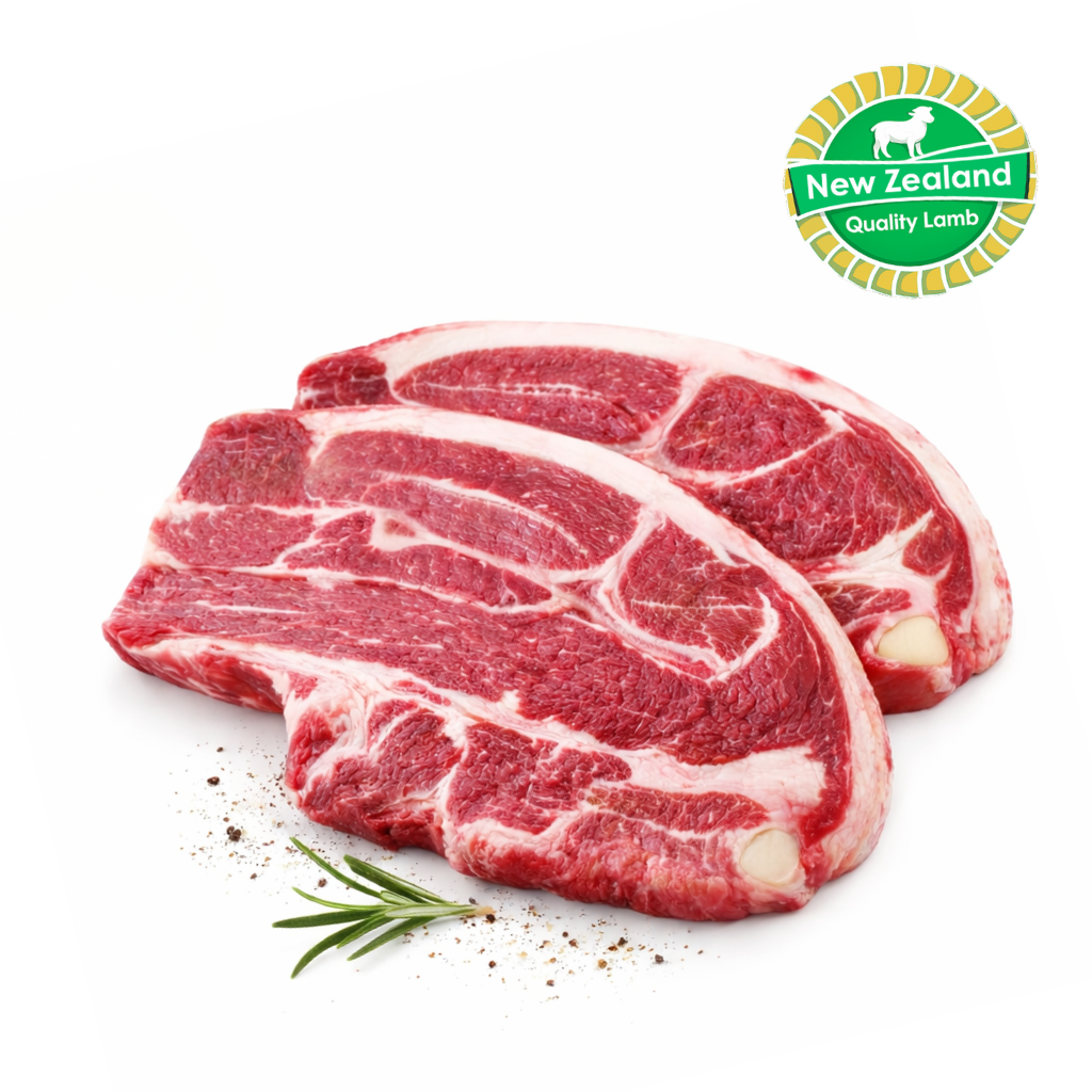 Two raw lamb steaks with a New Zealand Quality Lamb logo on a white background