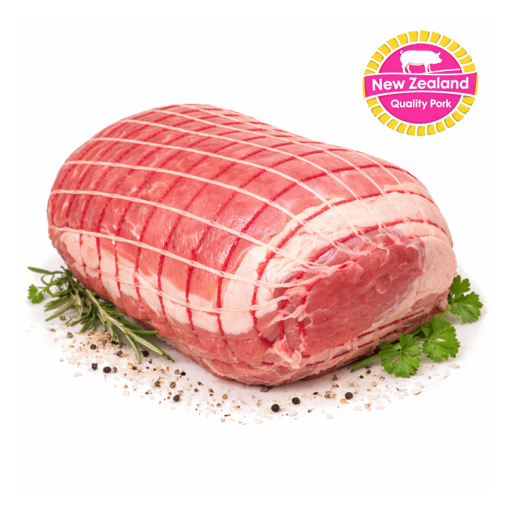 Raw pork roast with herbs and spices on a white background, featuring the New Zealand Quality Pork logo.