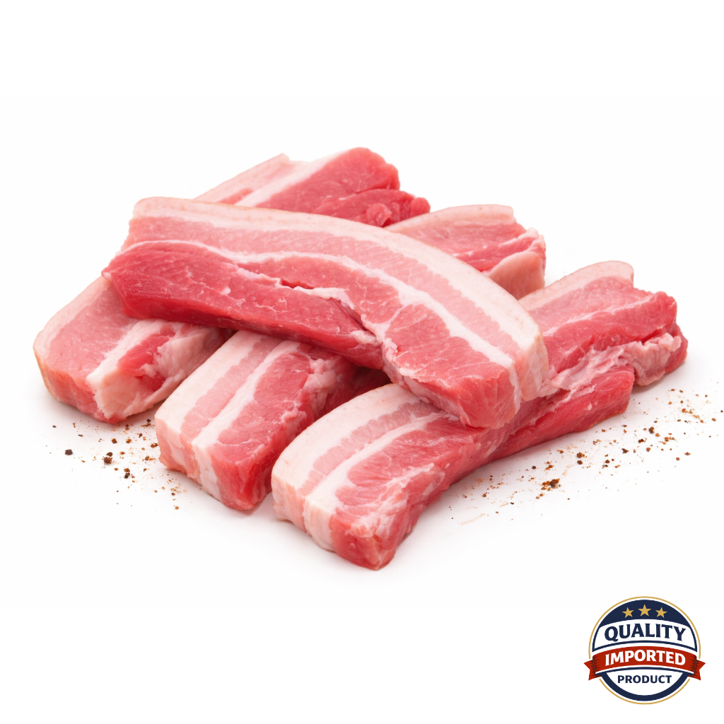 Raw pork belly slices on a white background with a 'Quality Imported Product' label.