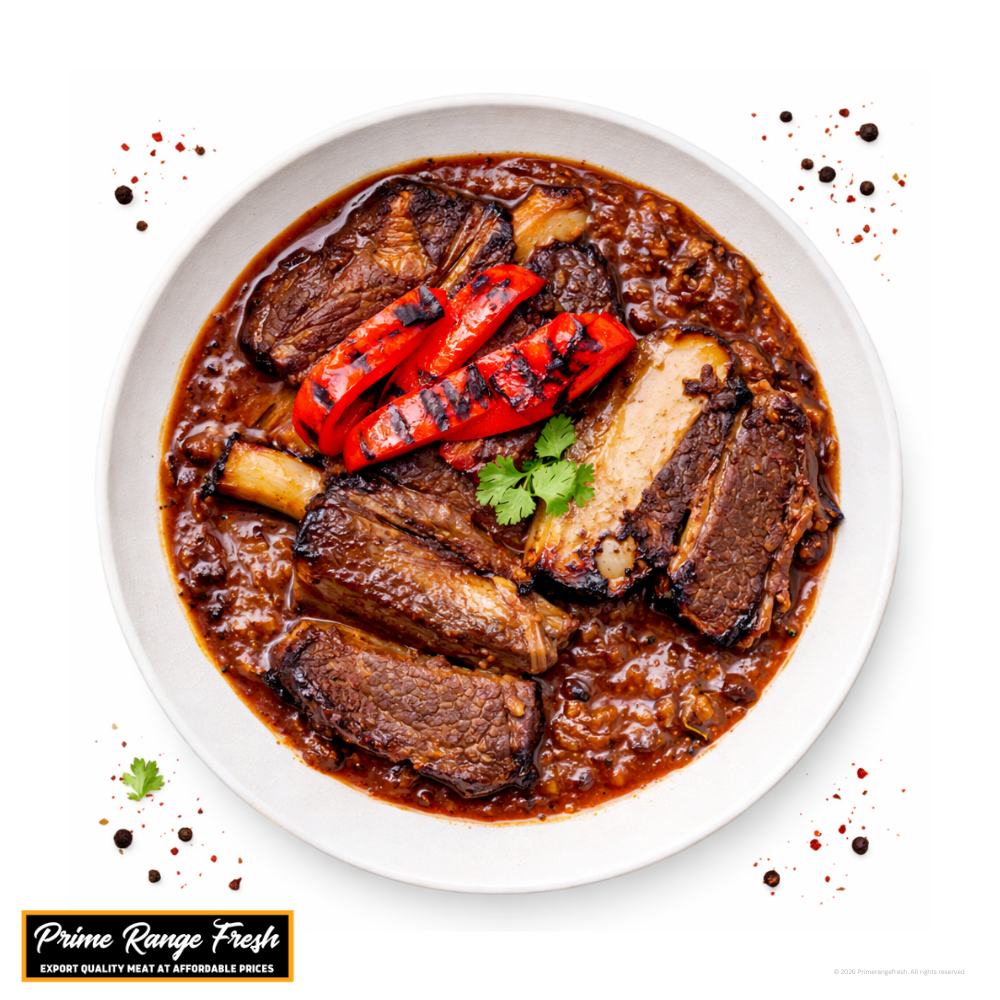 Stewed meat with red peppers on a white plate, featuring Prime Range Fresh branding.