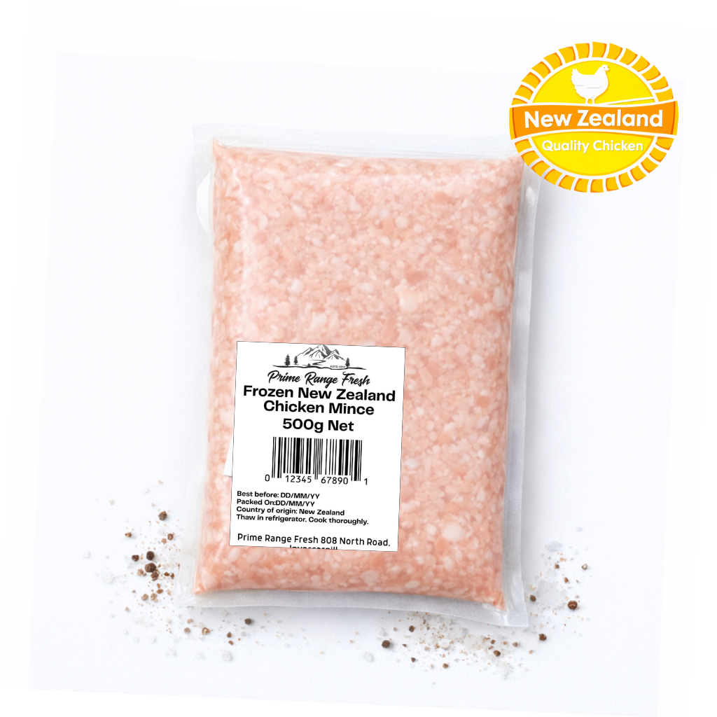 Packaged chicken mince with New Zealand quality label on a white background