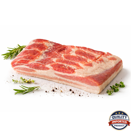Raw pork belly with herbs on a white background, featuring a 'Quality Imported Product' label.