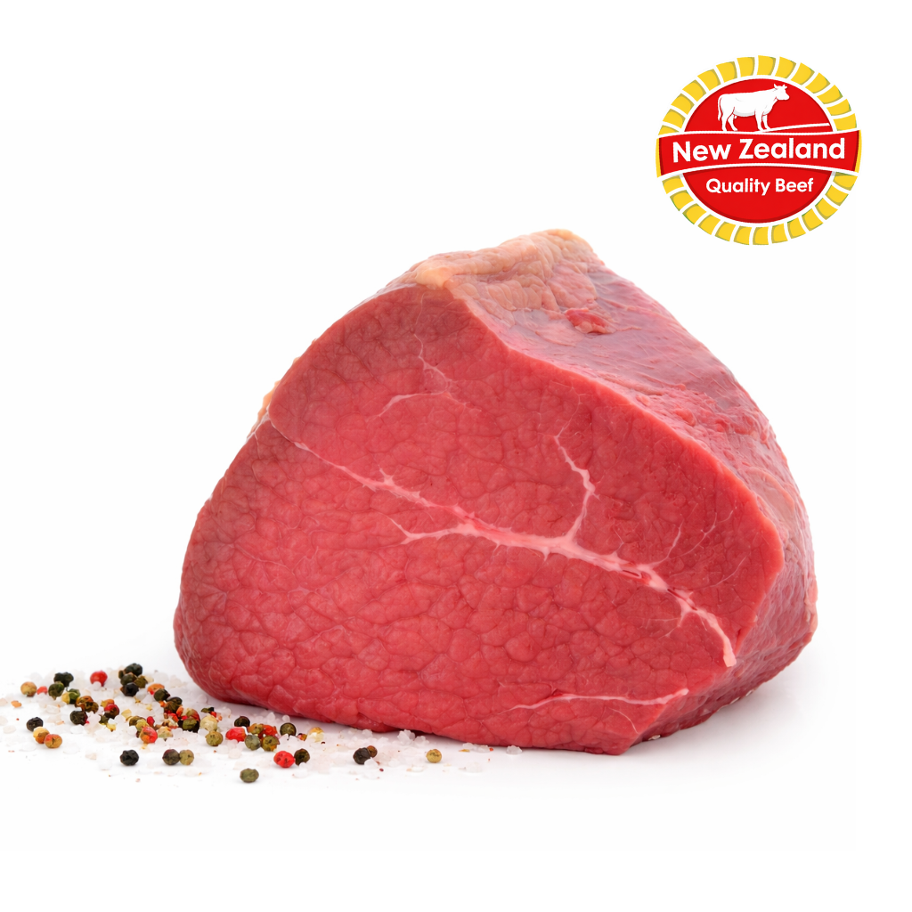 Raw beef silverside with New Zealand Quality Beef logo on a white background