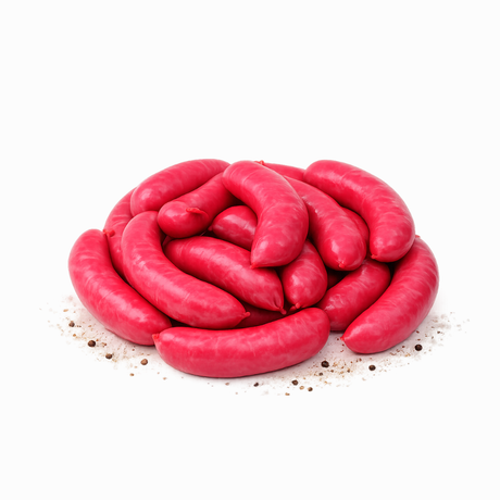 Pink sausages arranged in a circular pattern on a white background