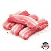 Raw pork belly slices on a white background with a 'Quality Imported Product' label.