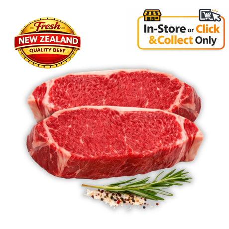 Two raw steaks with New Zealand quality beef logo and text indicating in-store or click & collect only.