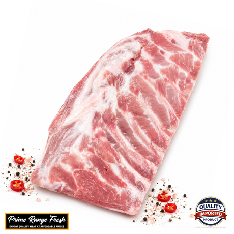 Raw pork rib on a white background with 'Prime Range Fresh' branding.