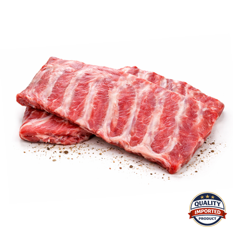 Raw pork ribs with a 'Quality Imported Product' label on a white background