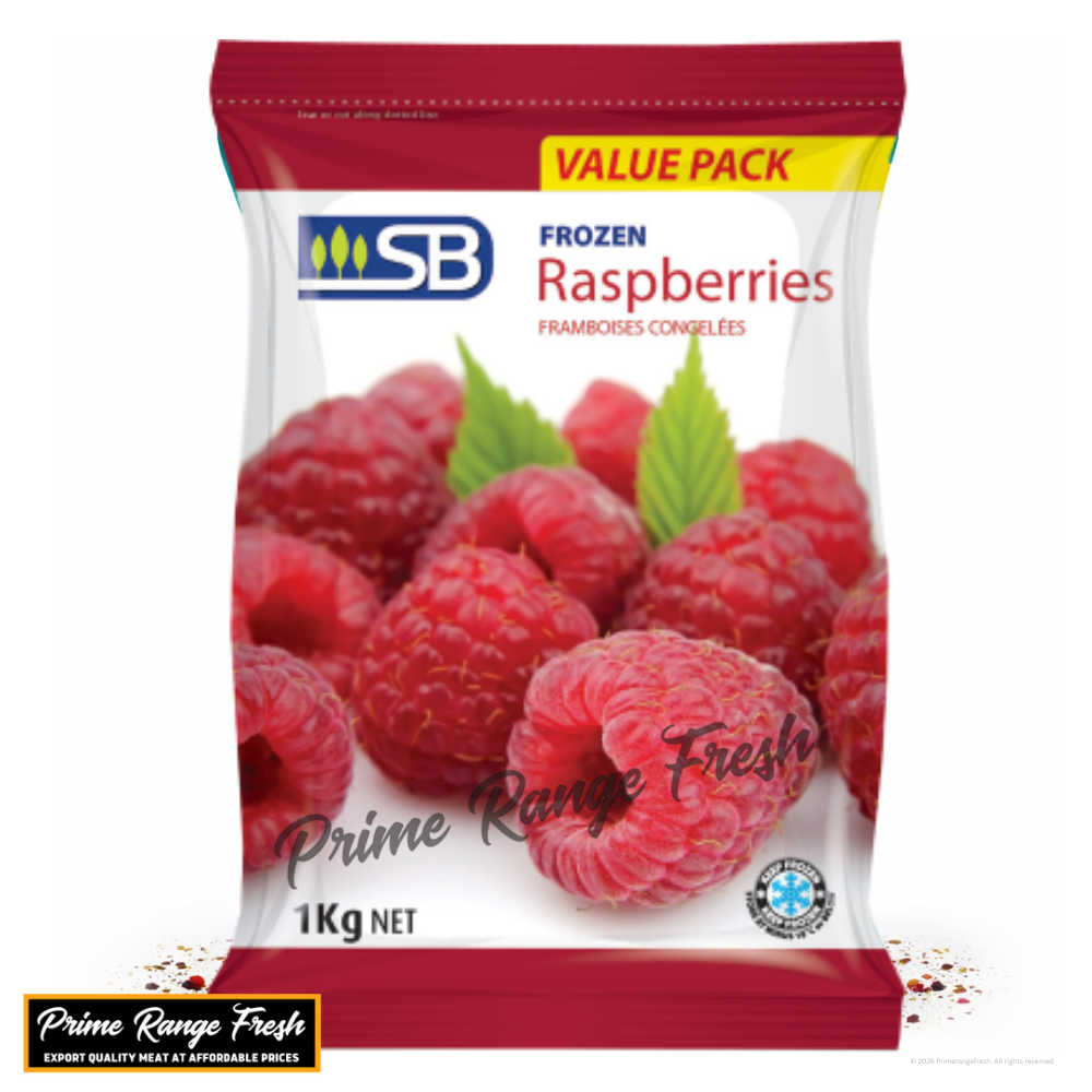Packaged frozen raspberries with SB logo on a white background