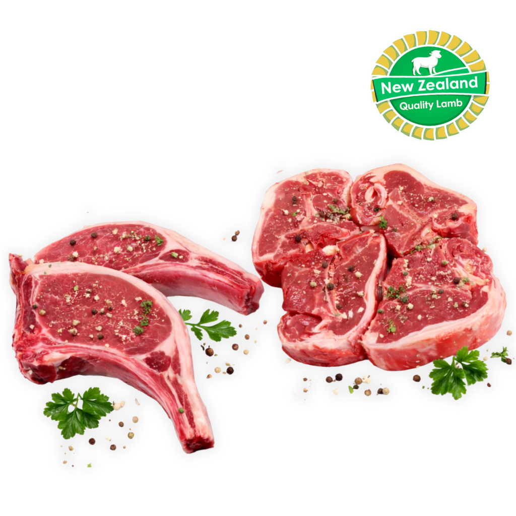 Two raw lamb chops with New Zealand Quality Lamb logo on a white background