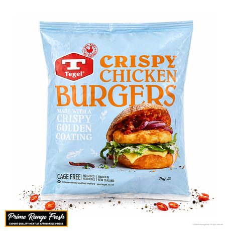 Package of Tegel Crispy Chicken Burgers with a burger image on a white background
