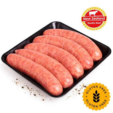 Raw sausages on a black tray with New Zealand Quality Beef and Gluten Free badges.