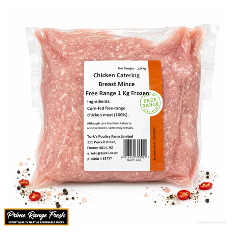 Package of chicken catering breast mince with a label on a white background