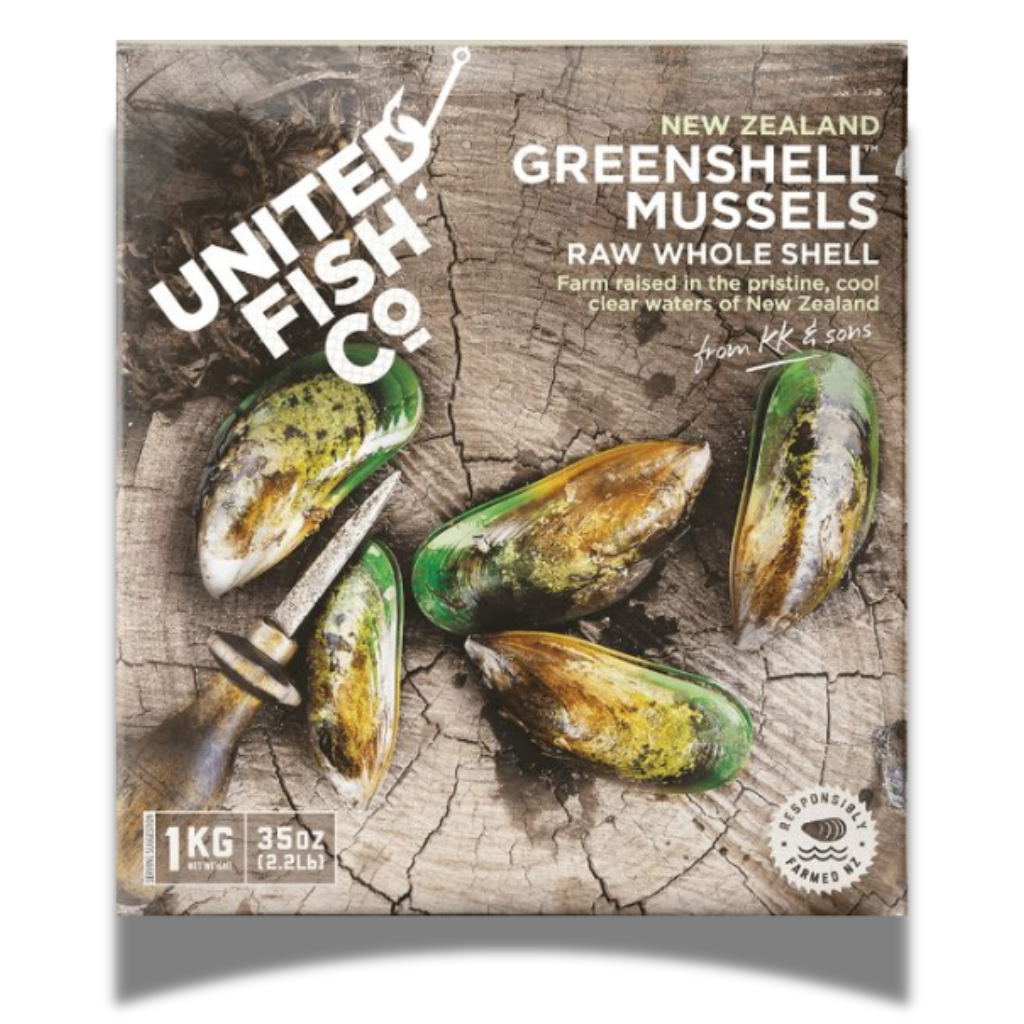 Packaging of United Fish Co. New Zealand Greenshell Mussels on a textured background